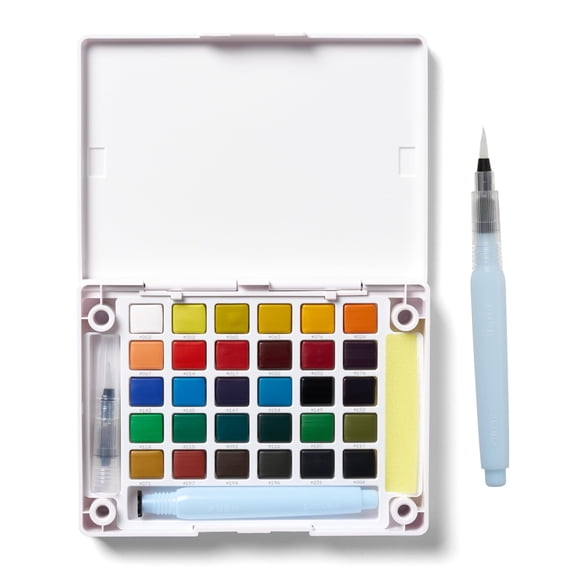 Sakura Koi Pocket Field Sketch Kit - Watercolor Sets for Painting On the Go - Holiday Gifts for Artists, Crafters & DIY Gifts Projects - 30 Colors - 1 Water Brush - 1 Sponge - 1 Mixing Palette