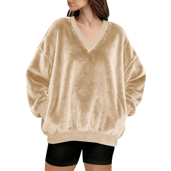 Yievot Womens Fuzzy Fleece Sweatshirt Oversized Soft Thermal Winter Pullover Casual Long Sleeve V-Neck Sweatshirts
