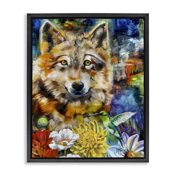 Stupell Industries Eclectic Wolf with Abstract Florals Black Floating Frame Canvas Art, 25 x 31, by Linda McClure