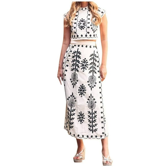 TSADFHJI Girls Black Skirt Women's Fashion Printed Vacation Co Ord Set: Chic Two Piece Dress Ensemble for Summer L White
