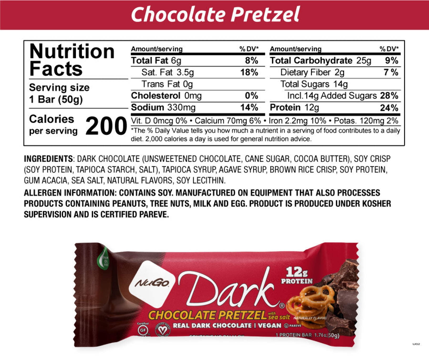 NuGo Dark Variety - Chocolate Pretzel 12 Bars & Chocolate Chocolate Chip 12 Bars, 12g Protein, Vegan, Gluten Free, Kosher Pareve, 24 Count