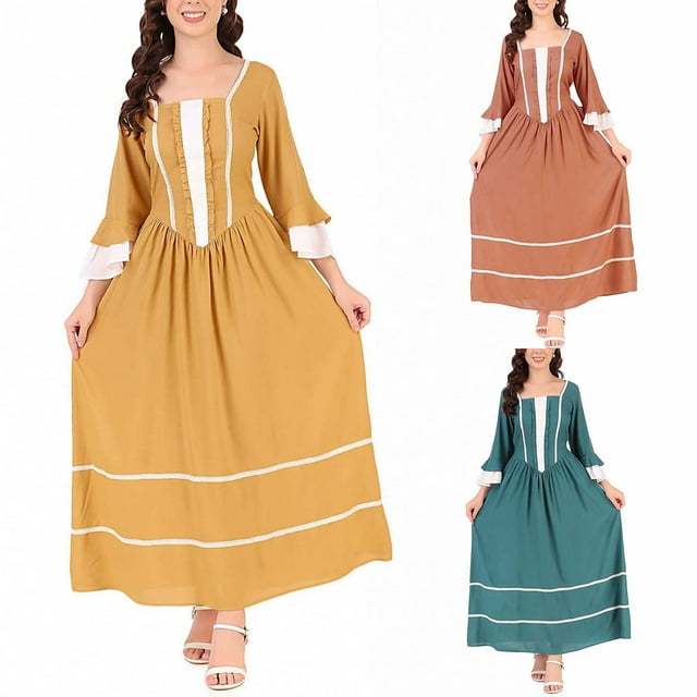 LOVZFMLL Costume Renaissance Femme Robe Maxi Paysanne Médiévale Col Carré Manches à Volants Robe Longue Costume Cosplay Halloween