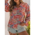 thumbnail image 3 of EVALESS Womens Blouses Casual V Neck Boho Floral Print Puff Long Sleeve Tops for Women Loose Chiffon Shirts Red L, 3 of 12