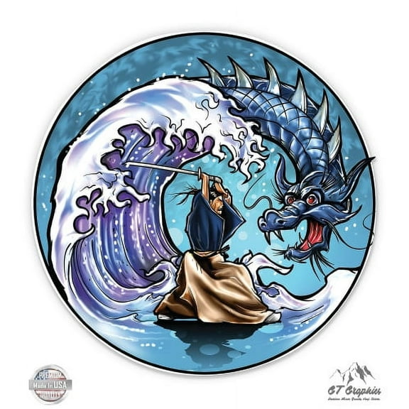 Samurai Slaying Dragon - 3" Vinyl Sticker - For Car Laptop I-Pad Phone Helmet Hard Hat - Waterproof Decal