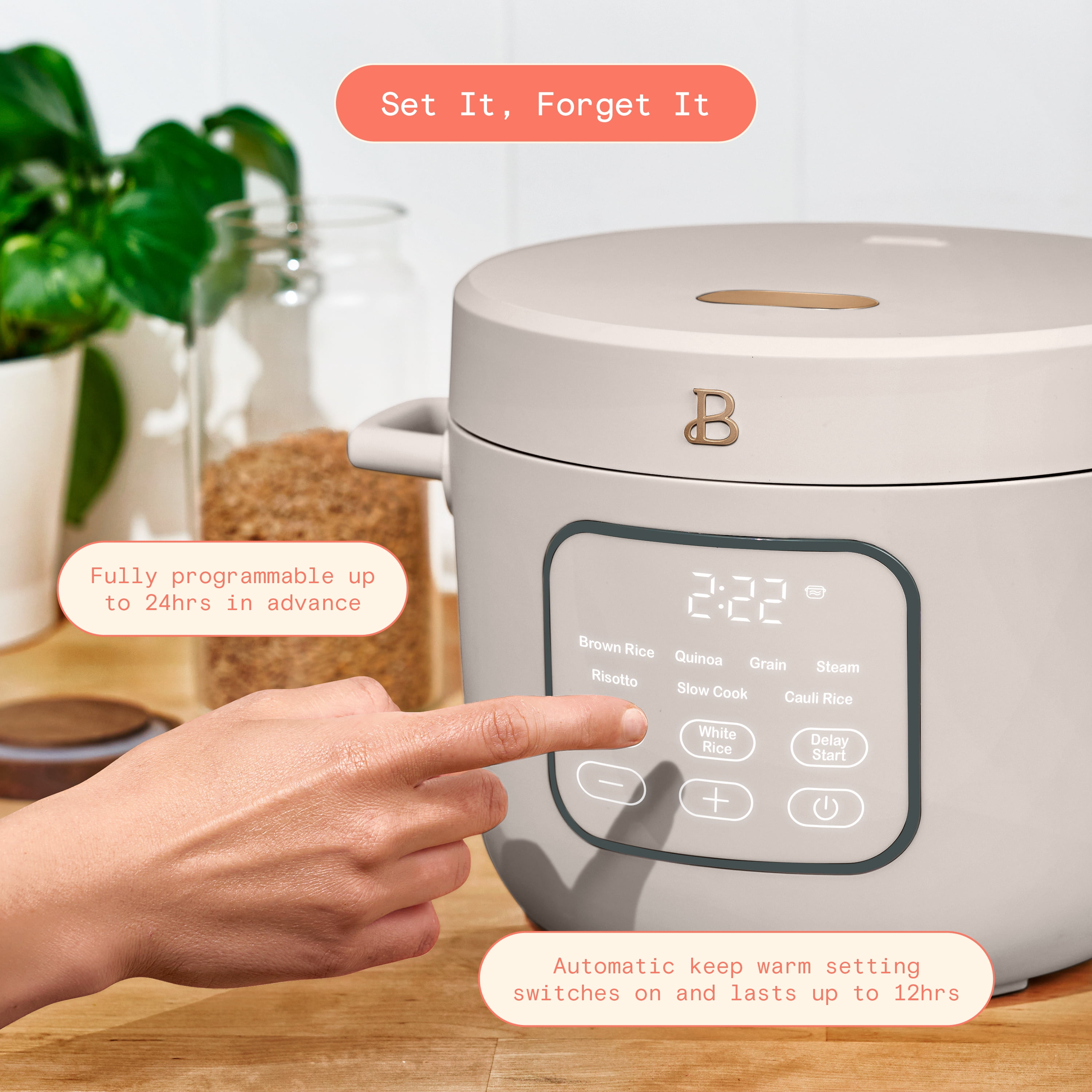 Beautiful 14-Cup Cooked, 6-Cup Uncooked Electric Rice and Grain Cooker, EverGood Ceramic Nonstick Coating, Porcini Taupe by Drew Barrymore