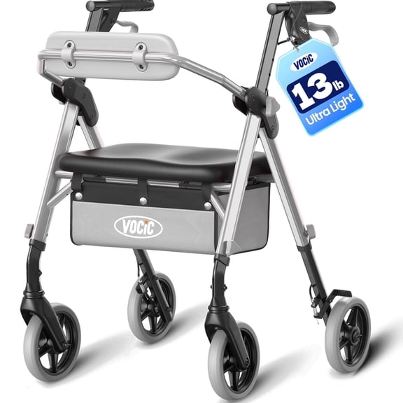VOCIC Z12 Foldable Rollator Walker for Seniors & Adults - Ultra Light, Adjustable Height with Ergo Seat & Backrest-Silver