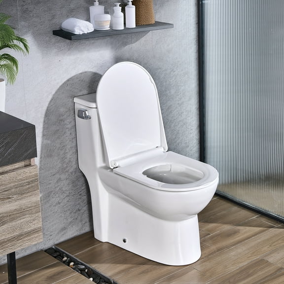 VEVOR One-Piece Toilet, Elongated Toilet Vortex Left Flush 1.28 GPF, Toilets for Bathroom with Comfortable Chair Seat, Standard Height, Easy-Clean Skirted Design, 12 inch Rough-In, White   Silver