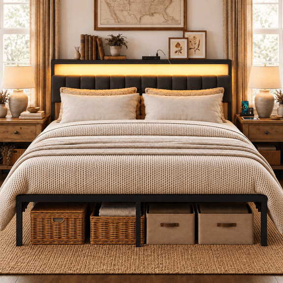 Tulib Queen Bed Frame, Queen Size Platform Bed Frame with Headboard, Underbed Storaeg and Charging Station, Upholstered Queen Bed Frame, No Box Spring, 800lbs, Easy Assembly