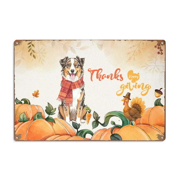 Happy Thanksgiving Australian Shepherd with Turkey Pumpkins Autumn Vibes Horizontal Metal Aluminum Sign Aussie Dog Lover Gifts Wall Art Home Decor - 12018