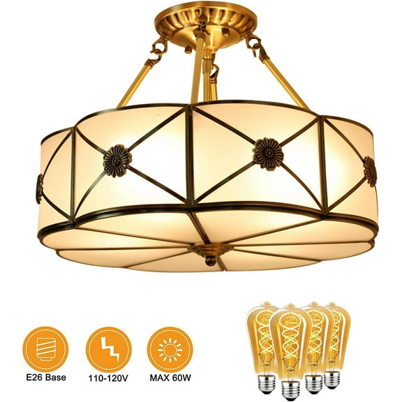Tiffany Ceiling Lamp Semi Flush Mount Light 4-Light Drum Shade Vintage Chandelier Ceiling Lighting Fixture for Bedroom Hallway Entryway Foyer W18 H12 inch