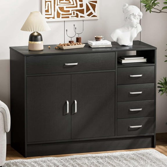 5-Drawers Salon Furniture Salon Storage Station, Free Standing Cabinet for Hair Stylist, Beauty Spa Furniture w/1 Large Capacity Cabinet & 1 Open Shelf, Spa Bathroom Equipment, Black