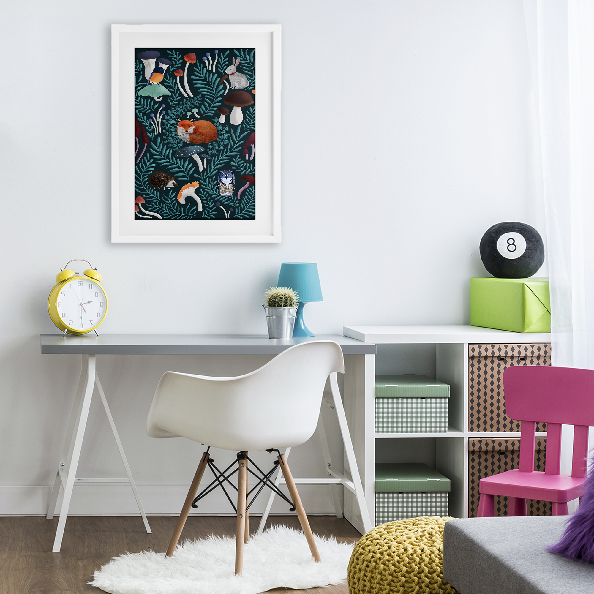 Woodland Animals & Botanical Sprigs White Framed Print Under Glass, design by Metka Hiti