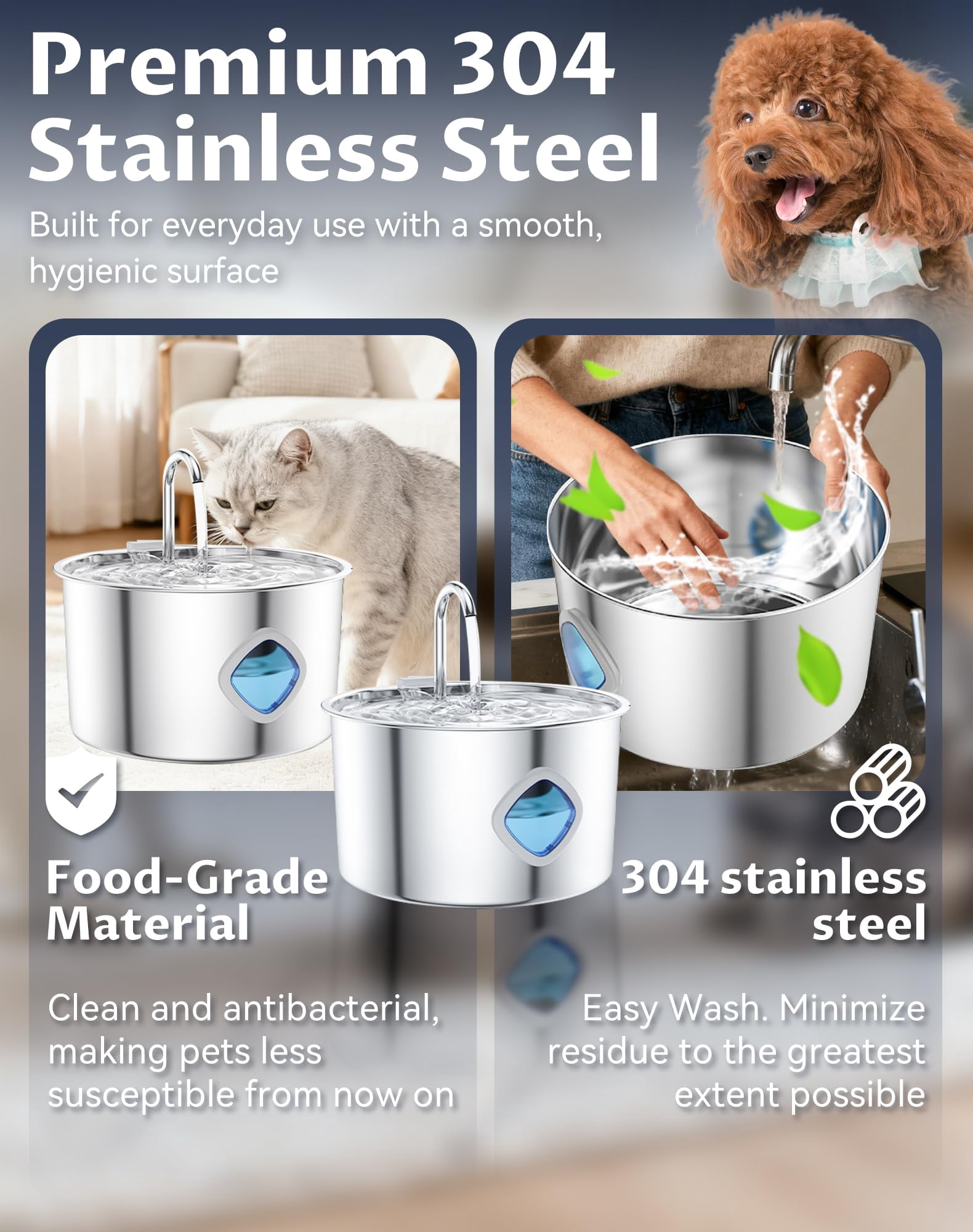 Dog Water Bowl, 3.2L Dog Water Fountain, Quad-Purification System and Continuous Circulating Water Flow,Stainless Steel Easy-to-Clean,Quiet Operation,Water Bowl for Dog Cat (Bowl+4Set Filter)