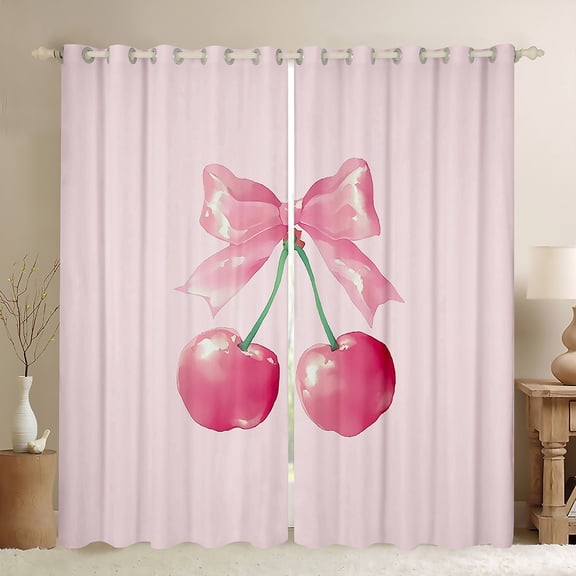 Feelyou Pink Cute Cherry Black Out Curtains, Dreamy Cartoon Bowknot Bow Curtains Pack of 2 (42x63 Each), Teens Kids Boys Girls Bedroom Curtains, Curtains and Drapes Decor