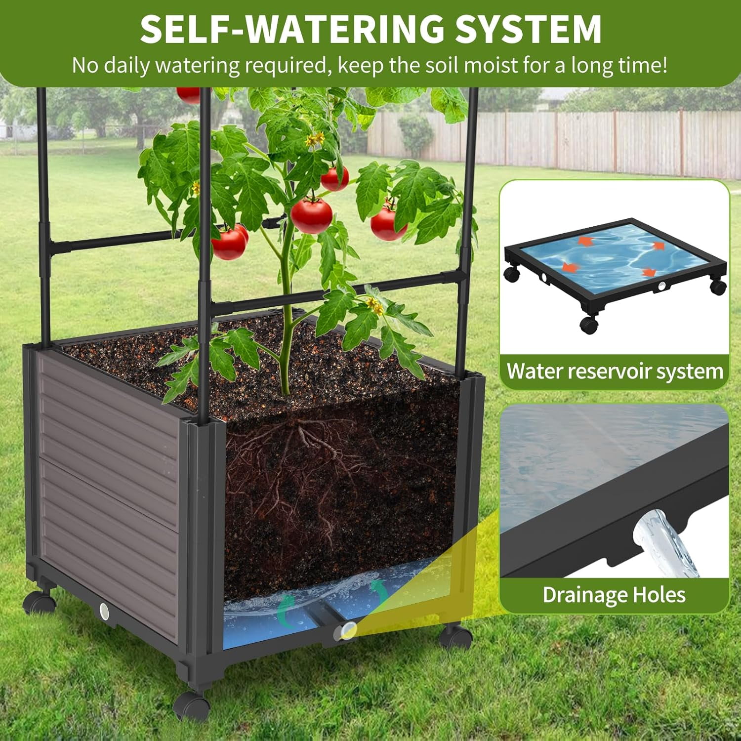 Slsy 2 Pack Raised Garden Bed Planter Box with Wheels,Tomato Cage Planter Raised Garden Bed with Trellis for Climbing Vegetables Plants Tomato Cage, Indoor Outdoor Use