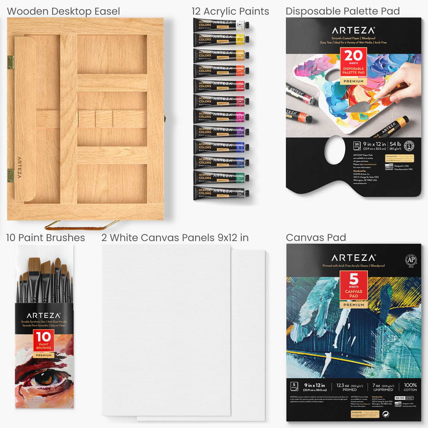 Arteza Essentials Tabletop Easel Art Set with Acrylic Paint, Brushes, Paper, Canvas Pads & Paper