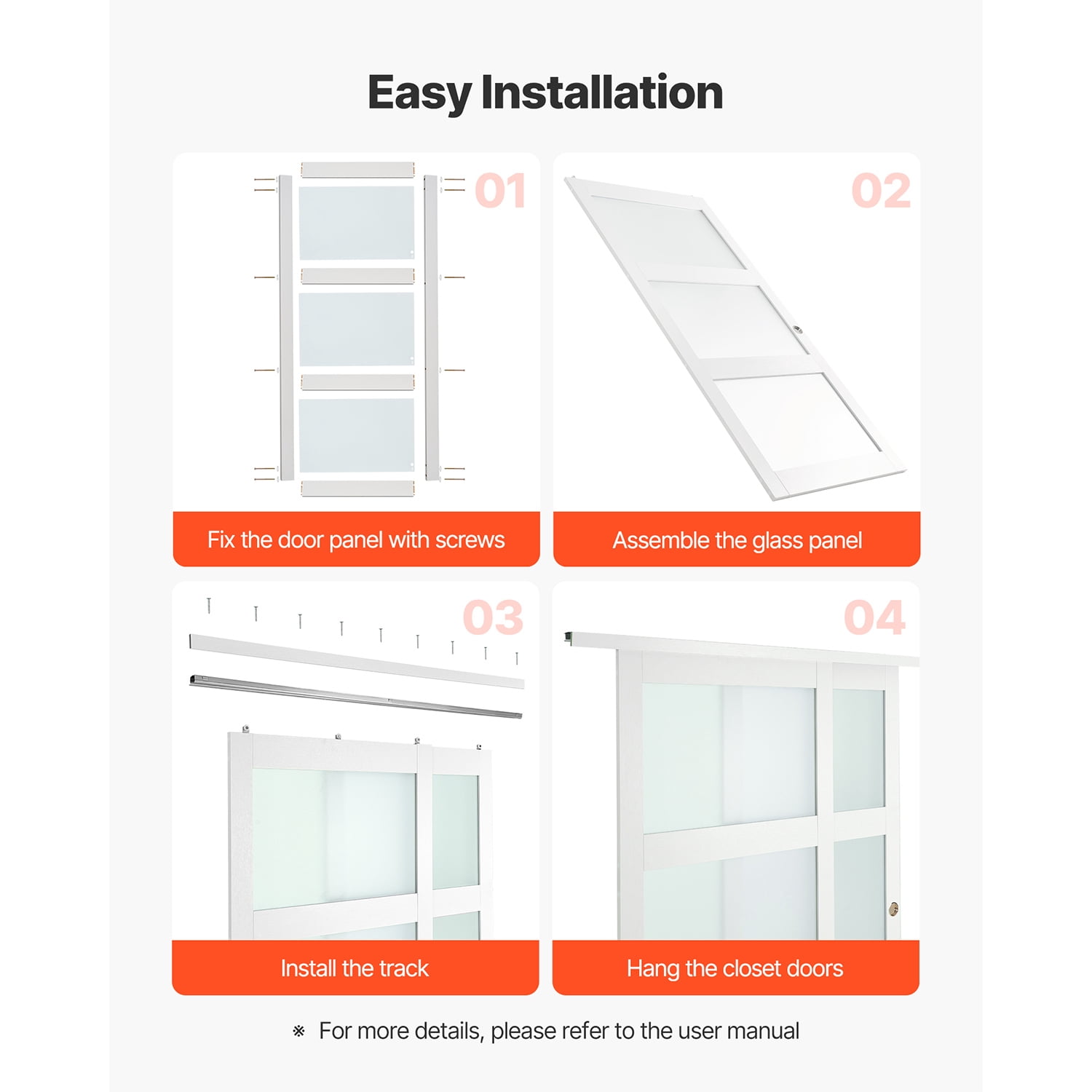 KFFKFF Sliding Closet Door Bypass BL5‑72 Wood & MDF with Frosted Glass 72 x 80 in White 2‑Panel Set