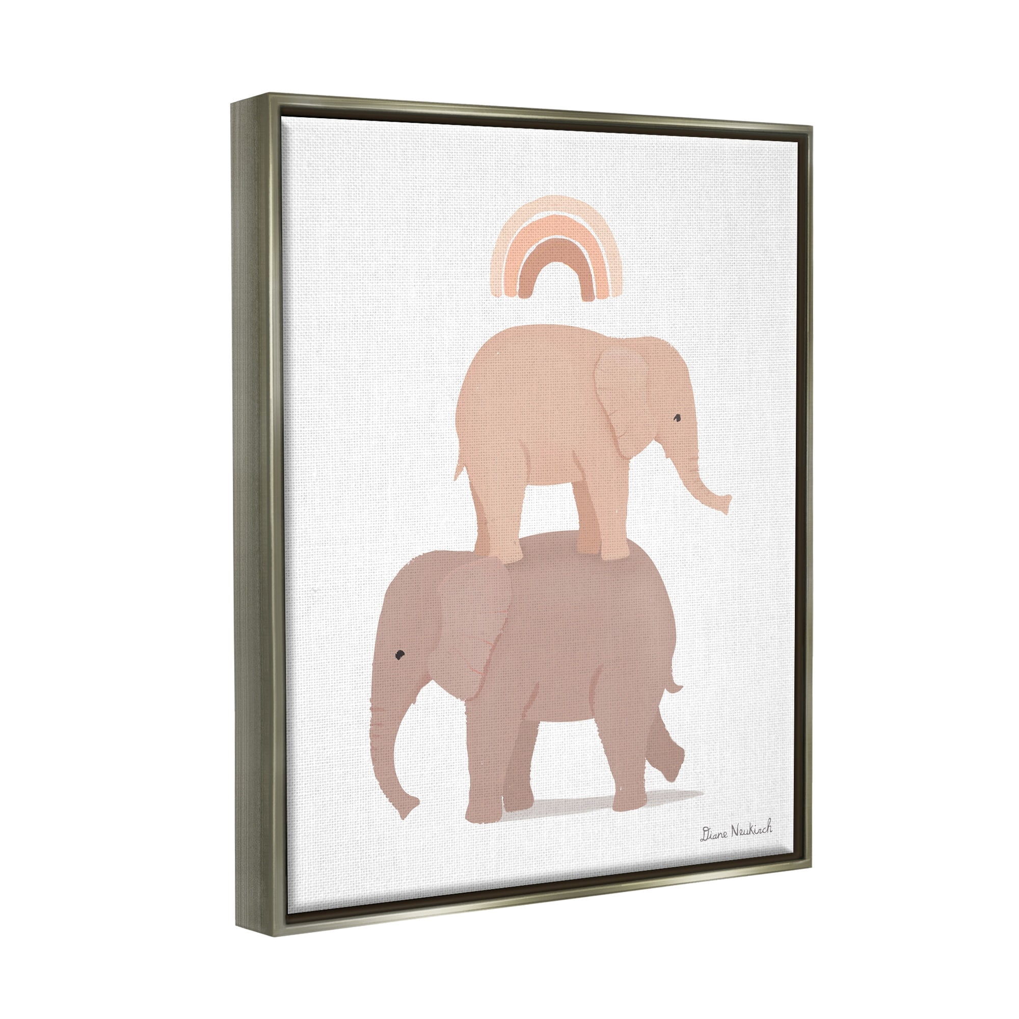 Stupell Industries Two Elephants Standing Under Rainbow Neutral Tones Graphic Art Luster Gray Floating Framed Canvas Print Wall Art, Design by Diane Neukirch