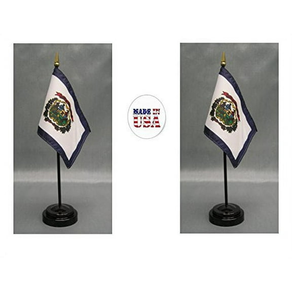 Made in the USA. 2 West Virginia 4"x6" Miniature Desk & Table Flags Includes 2 Flag Stands & 2 West Virginia State Small Mini Stick Flags
