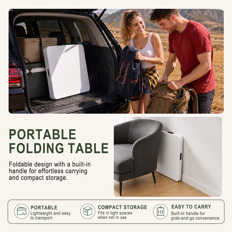 INTRTLOCKINGING TILES 4FT Folding Table, Height Adjustable Portable Plastic Folding Table with Carry Handle, Heavy Duty Indoor Outdoor Utility Table for Camping, Picnic, Party, Home Office