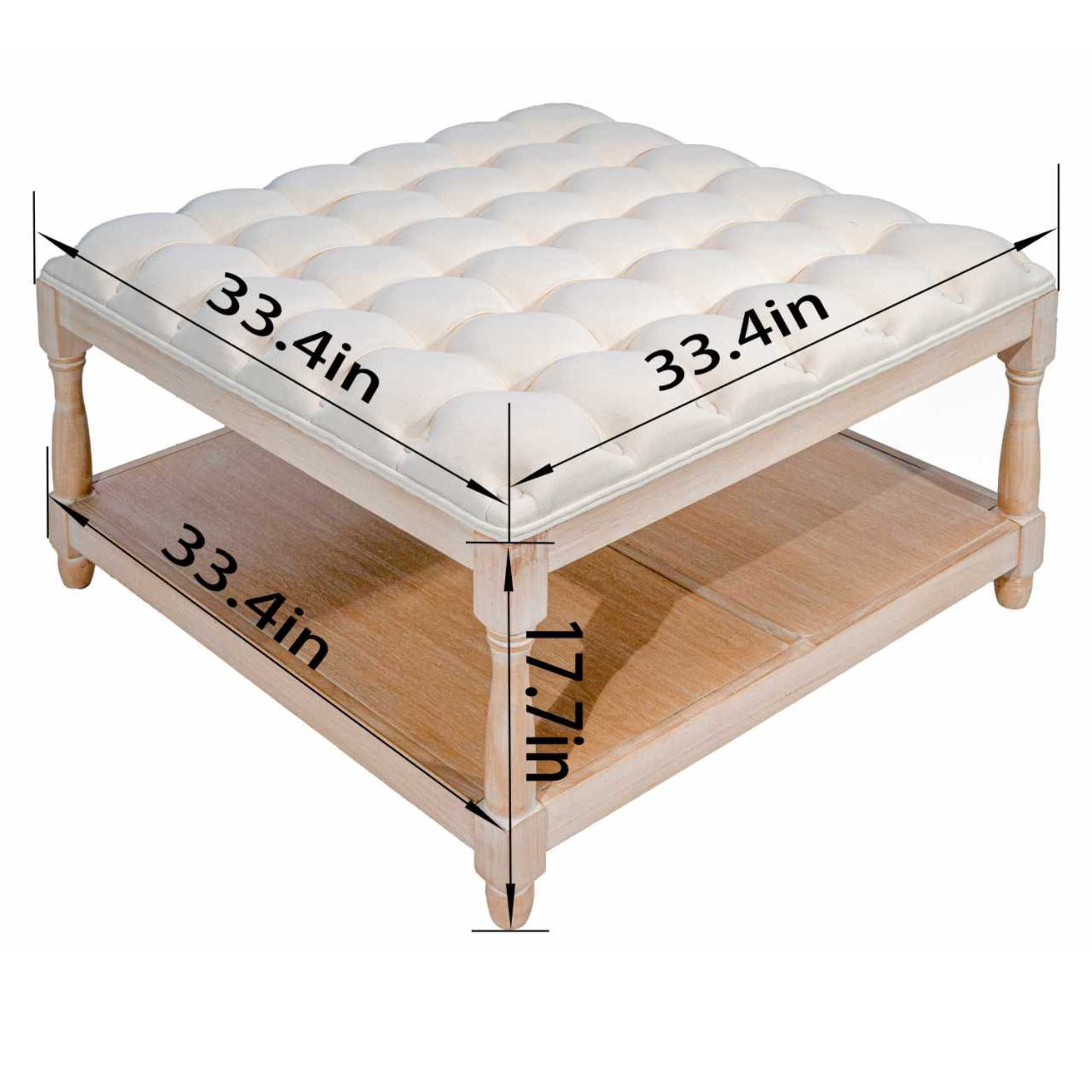 Noble House 33" Large Square Tufted Storage Ottoman Coffee Table with Storage Shelf and Solid Wood Base, Beige