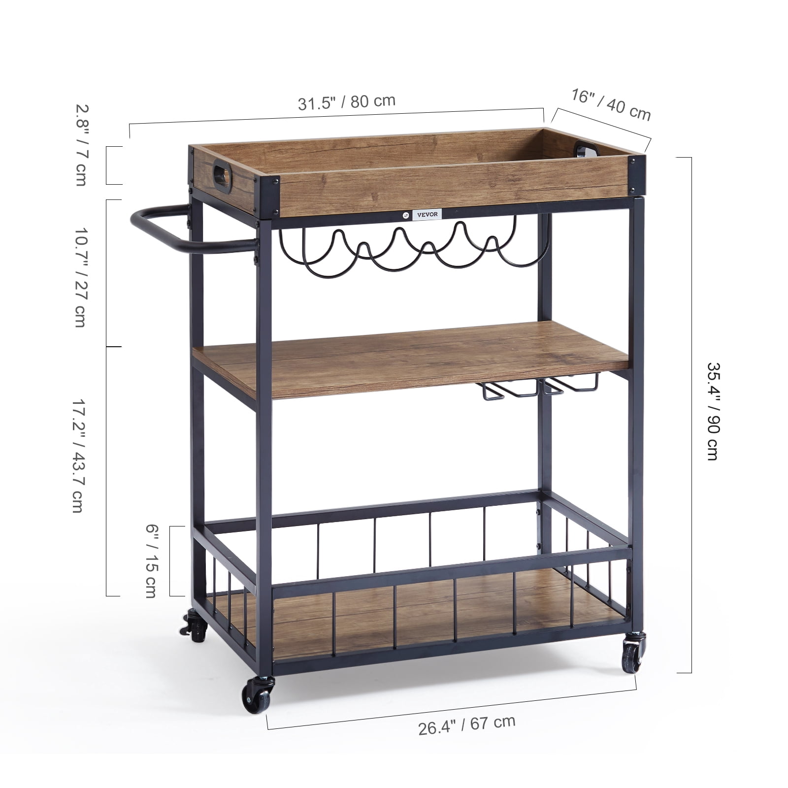 BENTISM 3-Tier Bar Serving Cart Rolling Trolley with Wine Grid Glass Holder 110lbs