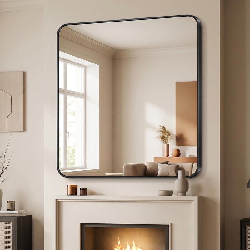 Clarvion 39"x39" Rounded Edge Rectangle Bathroom Mirror Wall Mounted Vanity Mirror,Black