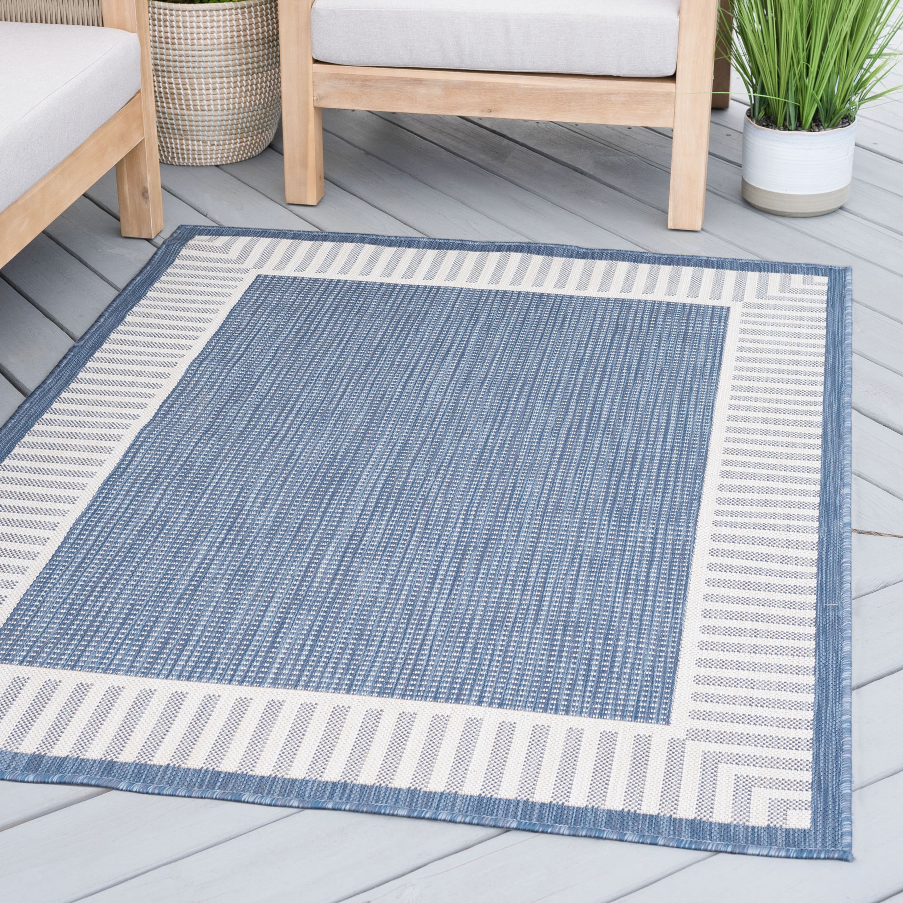 5x8 Water Resistant, Indoor Outdoor Rugs for Patios, Front Door Entry, Entryway, Deck, Porch, Balcony | Outside Area Rug for Patio | Blue, Striped Border | Size: 5'3'' x 7'3''