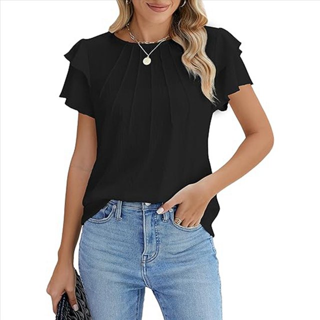 Blusas Elegantes e Informales para Mujer, Blusas de Trabajo, Camisas de Verano, Trajes de Corta con Cuello Redondo, 2025, Negro, Talla M