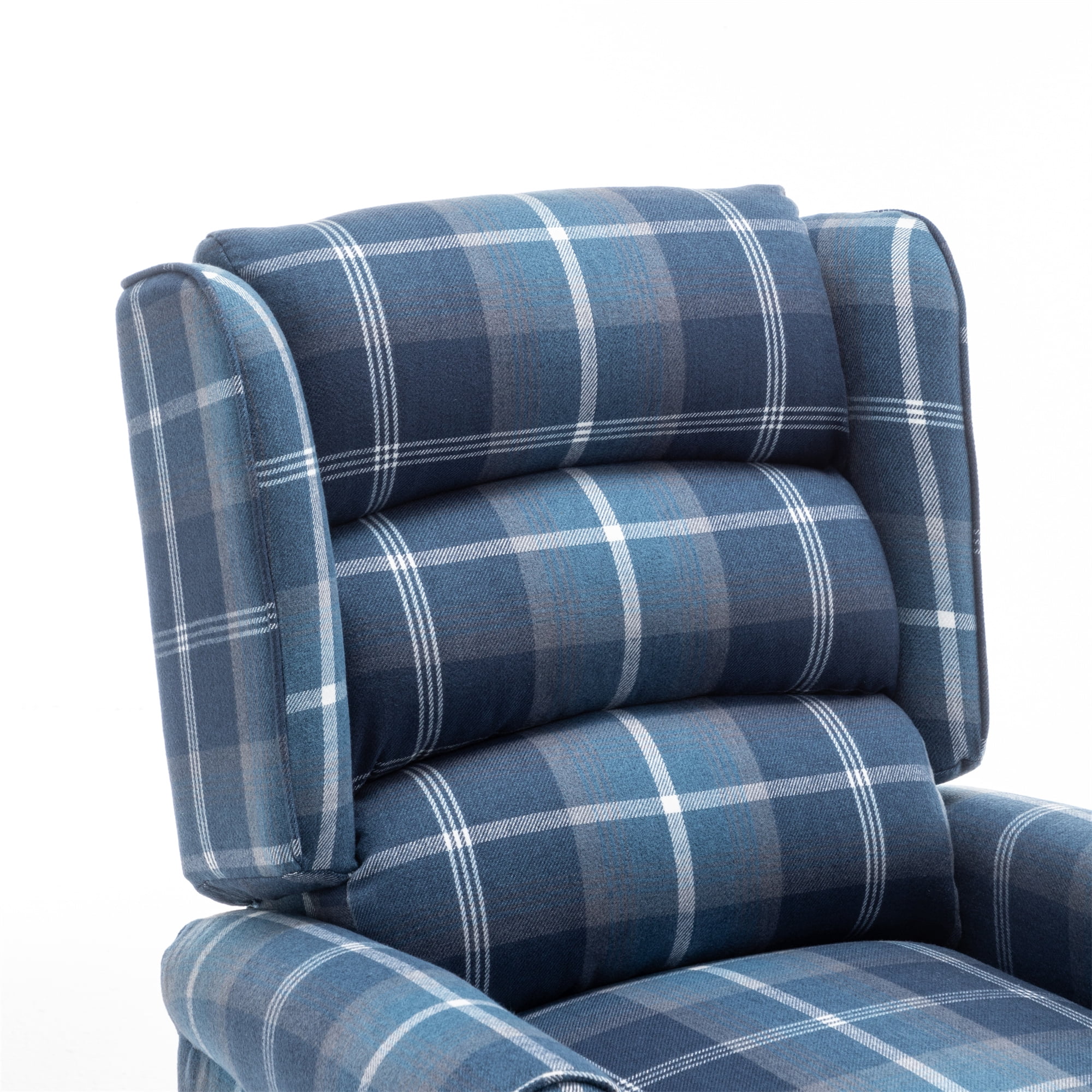 Upholstered Wingback Recliner Chair, Plaid Recliner Chair Armchair Adjustable Footrest Push Back Reclining Sofa, Mid Century Modern Lounge Armchair for Living Room, Bedroom, Reading -- Blue