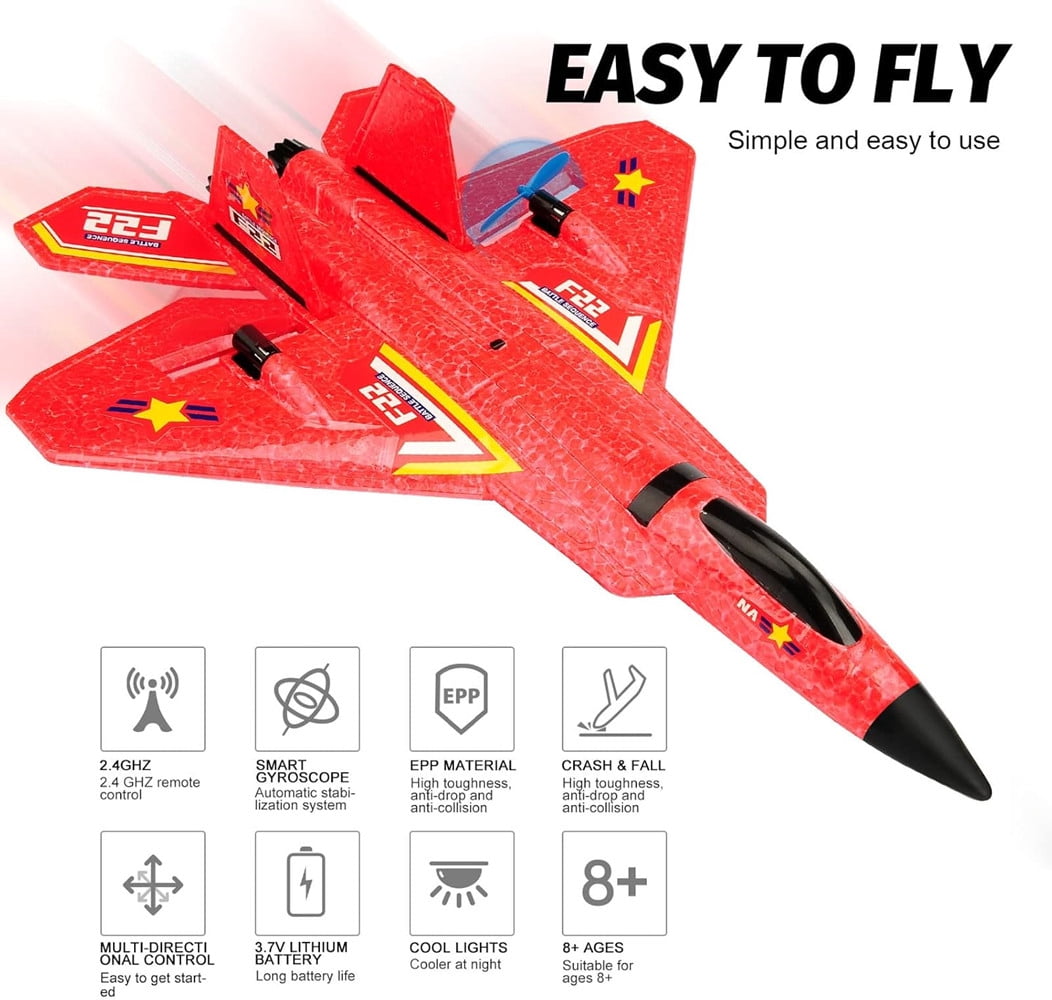 RC Plane F22 Jet 2.4G 6-Axis Gyro Remote Control Airplane Fighter Toy Gift for Kids Beginner(Red)