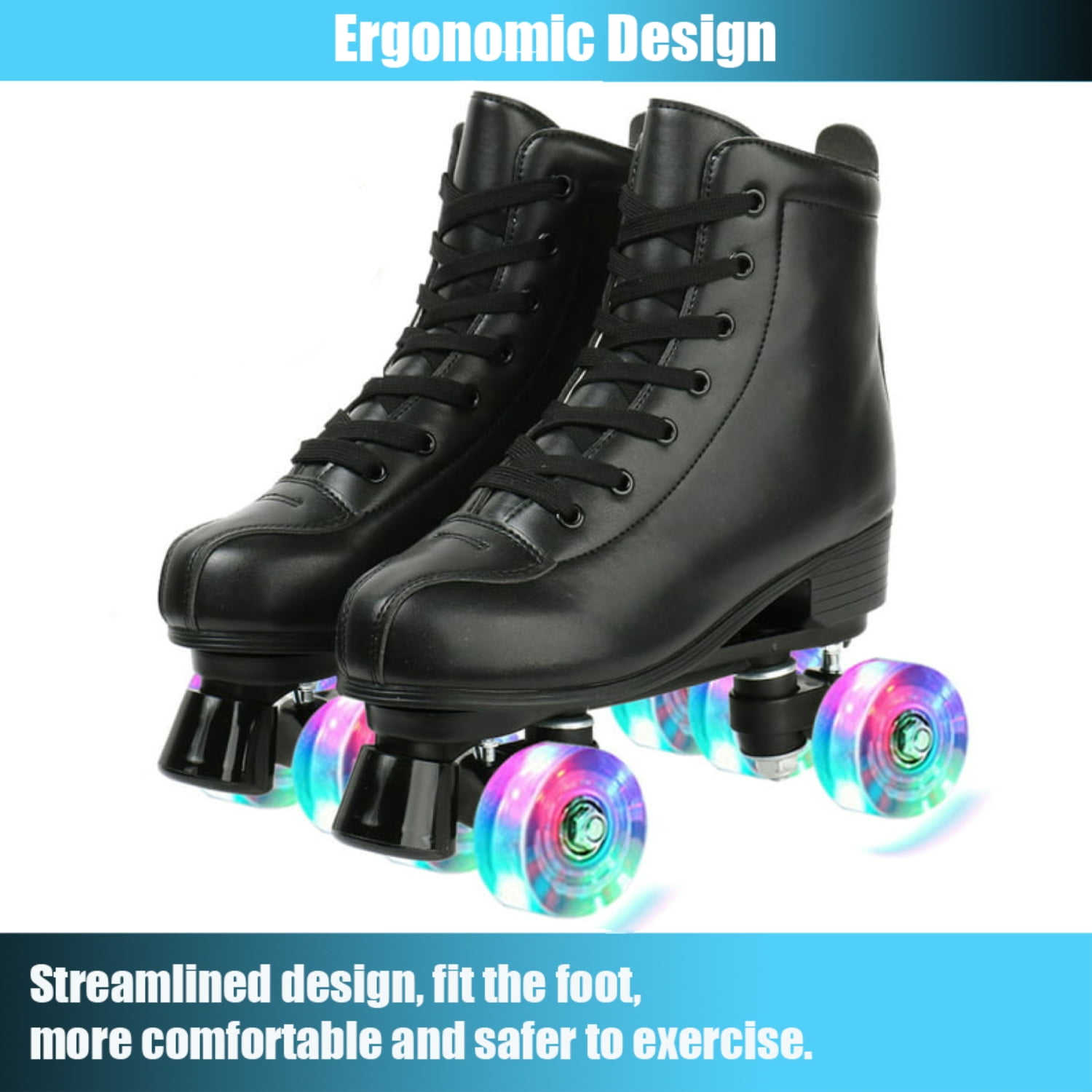 FACNOATIHN Roller Skate, Classic Fashion Skates for Adults Kids with Light up Wheels, Black(Women's 8.5 / Men's 7)