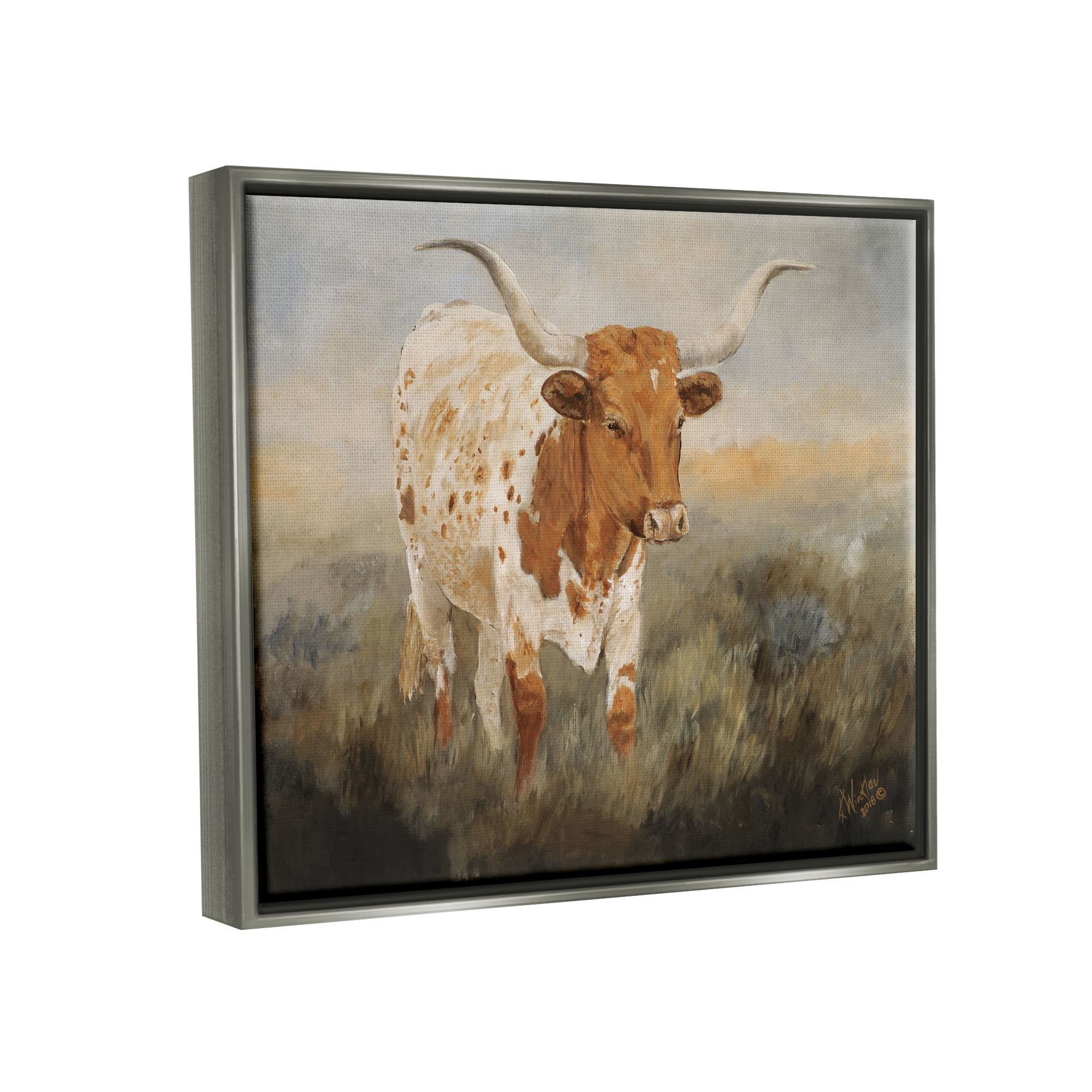 Stupell Industries Longhorn Cattle Grazing Animals & Insects Painting Gray Floater Framed Art Print Wall Art