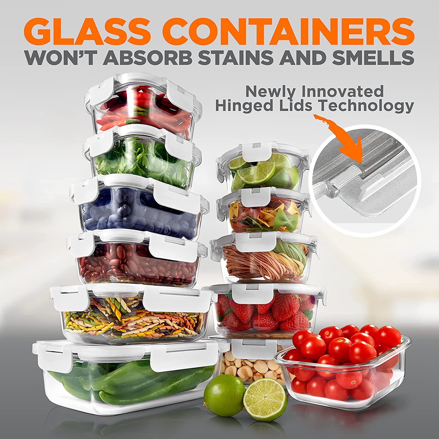 NutriChef 24-Pc Glass Food Storage Containers Stackable Superior Glass Meal-prep Bento Boxes, White