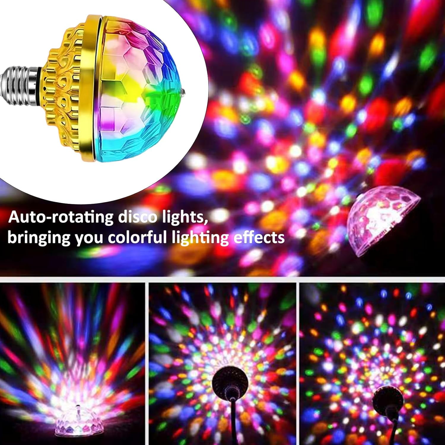 2Pack Colorful Rotating Magic Ball Light Plug in Disco Ball Light Bulb with Sockets, Strobe Stage Lighting Lamp for Home Room Dance Birthday Karaoke Halloween Christmas Show Club Decoration