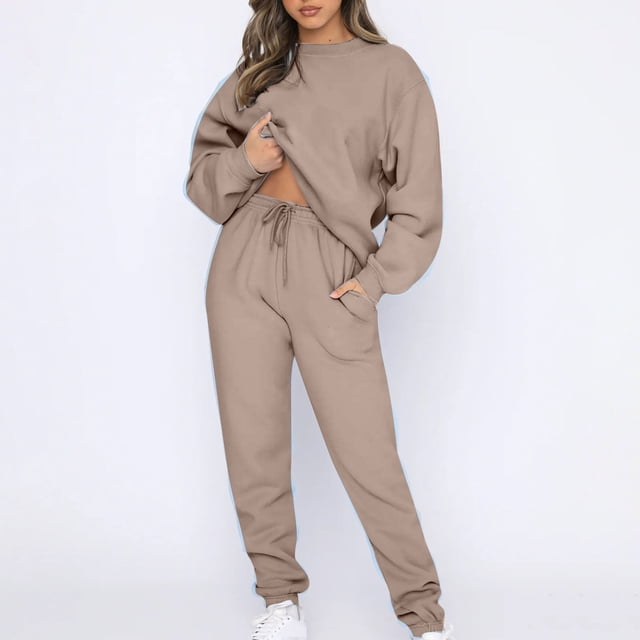 FNFYFH Liquidation Chandails en Molleton pour Femmes Ensembles de Survêtement Automne 2025 Manches Longues Survêtements Confort Col Rond Chandail avec Cordon de Serrage Pantalons de Survêtement Tenues Athlétiques Unies Kaki,G