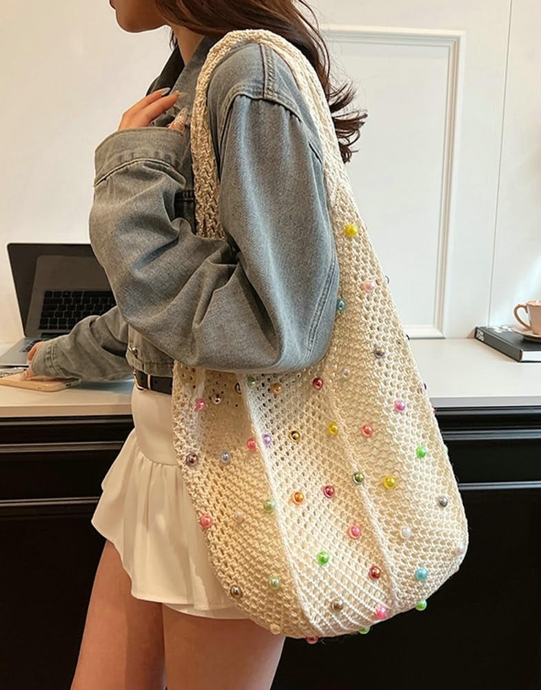 Zhengup Woven Tote Bag for Wineb Crochet Hobo Bags Beaded Shoulder Bag Trendy Knit Hollow Summer Beach Handbag Purse