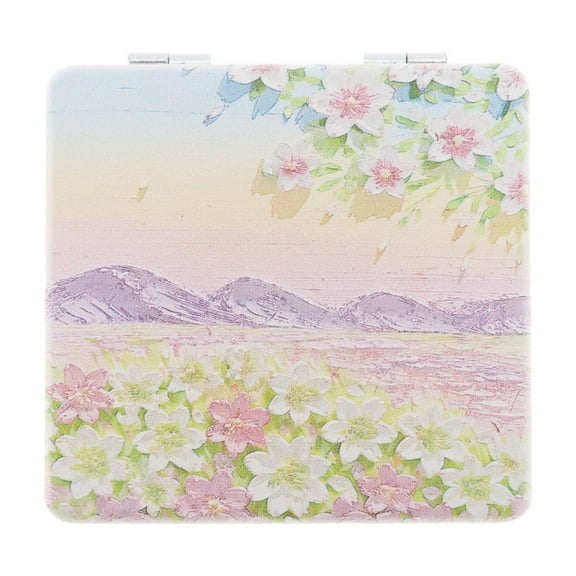 Unique Bargains 1 Pc Women Hand-painted Oil Painting Makeup Mirror for Travel Pink Purple Metal PU Glass