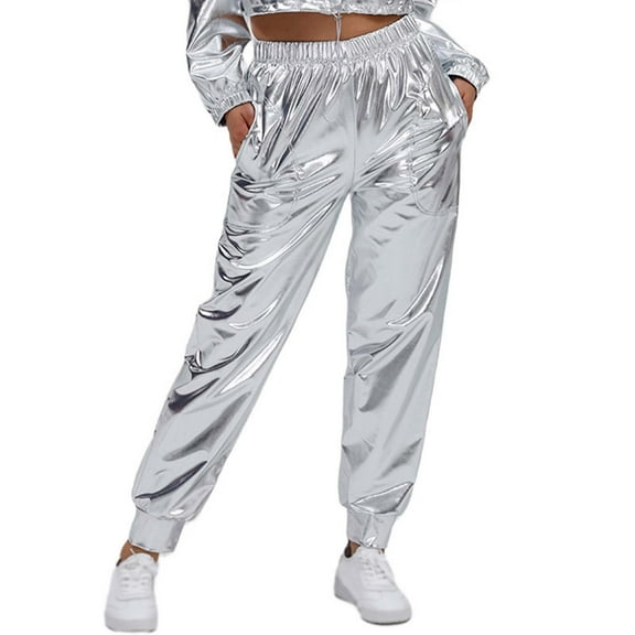 Women's Shiny Metallic Pants Hop Jogger Sweatpants Glitter Rave Dance Pants Silver XXL