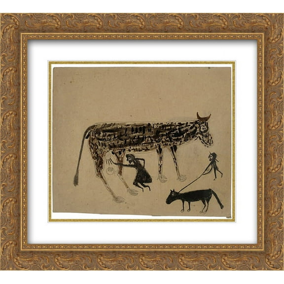 Bill Traylor 2x Matted 22x20 Gold Ornate Framed Art Print 'Untitled (Milking)'