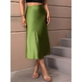 thumbnail image 6 of Women Solid High Waist Silky Casual Elastic Satin Midi Skirt Green S, 6 of 8