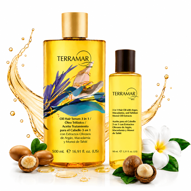 Kit Oleo para el Cabello Terramar Jumbo y Versión de Viaje | Nutre, Repara y Protege con Extractos Oleosos de Argán, Macadamia y Monoi de Tahití