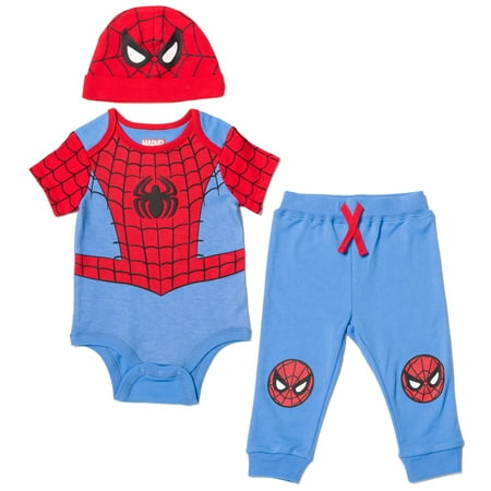 

Marvel Avengers Spider-Man Infant Baby Boys Bodysuit Pants and Hat 3 Piece Outfit Set 6-9 Months