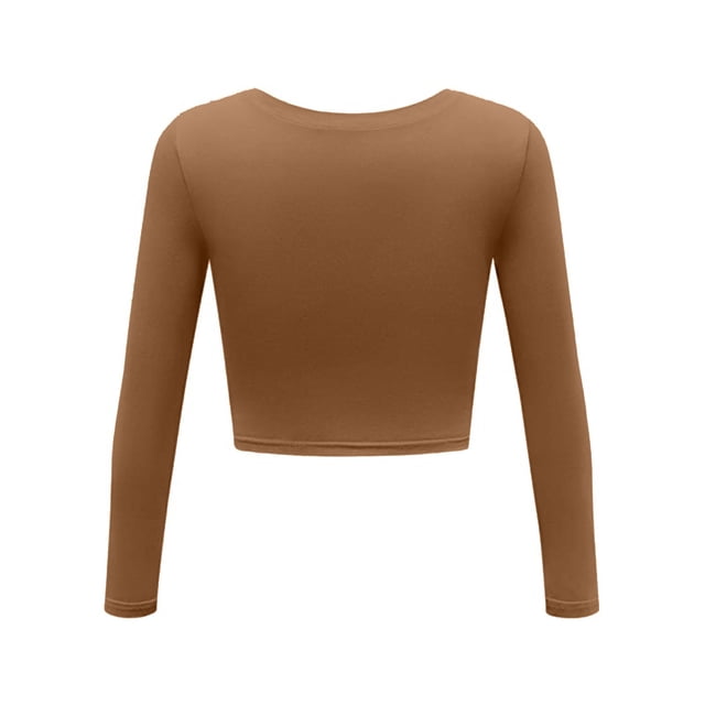 WTXUE T-Shirts à Manches Longues, Chemises à Col Rond pour Femmes, Col Aguichant, Court, Slim, Basique, Haut Rond, Blouse Unie / Décontractée pour Femmes, Khaki P