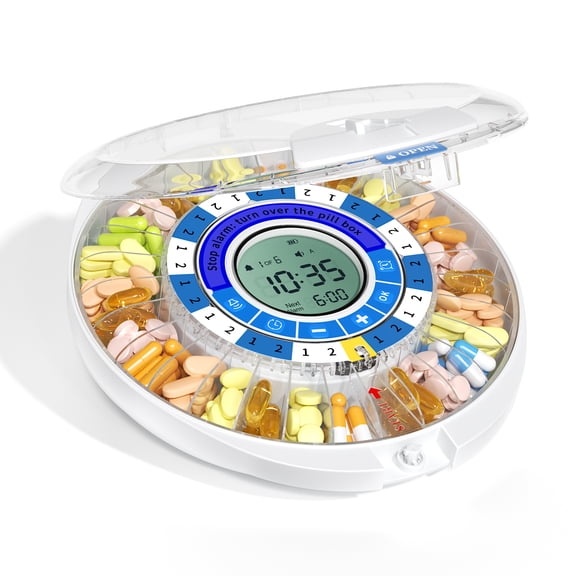 Automatic Pill Dispenser for Elderly – 28-Day Locked Medication Organizer with Sound & Light Alarms, for Prescriptions, Vitamins & Daily Supplements