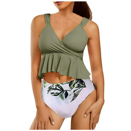 Lopeceal Swimsuits for Women New Sexy Bikini Dress Pant V-Neck 2 Piece Swimsuit Multicolor Front Ruched Cover Up Ruffle Swimsuit
