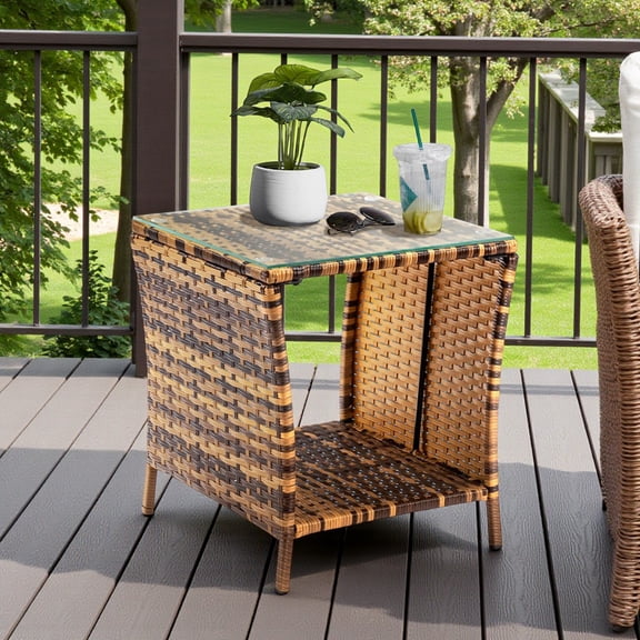 Tcbosik Patio Square Side Table, 2-Tier PE Wicker End Table with Tempered Glass Top and Sturdy Iron Frame, for Indoor/Outdoor Use, Living Room & Patio, 18.11"L x 18.11"W x 19.49"H, Yellow