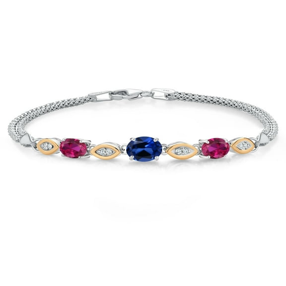 925 Silver and 10K Yellow Gold Blue Created Sapphire and Red Created Ruby and White Lab Grown Diamond Bracelet for Women (2.06 Cttw, Gemstone September Birthstone, Oval, Wheat Chain, 7 inches)