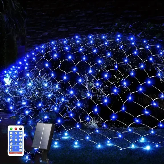Solar Garden Net Lights with Remote, 9.8ft*6.5ft 192LED Mesh Fairy String Lights, 8 Modes Waterproof Auto ON/Off, Decorative Lights for Outdoor Bushes, Fence, Patio, Backyard (Blue)