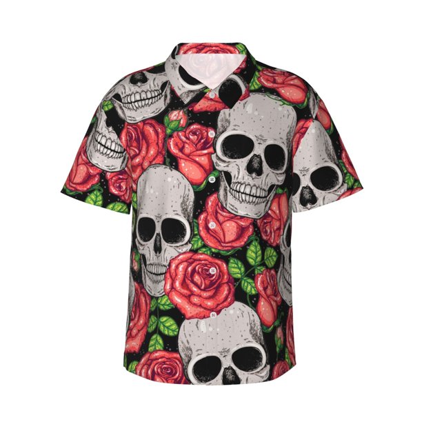 Balery Skull and Roses Camisas hawaianas de manga corta para hombre, camisas playeras de corte holgado, camisas de vacaciones con botones,Large